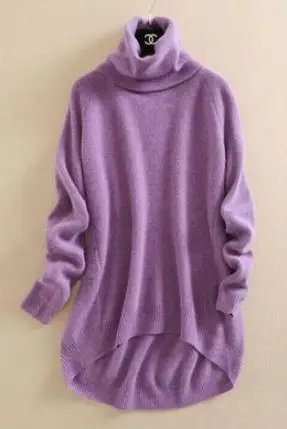 light purple Кашемировый вязаный женский Повседневный пуловер, свитер, ассиметричные длинные сваи, высокий воротник, сплошной цвет, один и более размер - Цвет: light purple