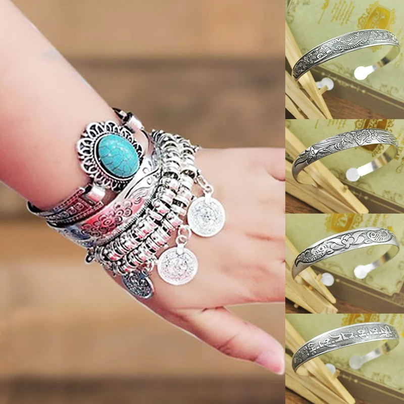 

1PC Women Retro Tibetan Bracelet Opening Totem Carved Bangle Bracelet Fashion Vintage Jewelry Cuff Bracelet for Women