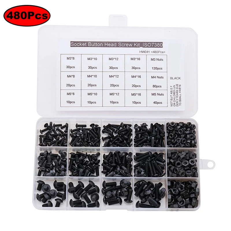 

480PCS/Set Blackened Grade 10.9 Semi-Circular Head Hexagon Socket Screws Round Cup Screws M3-M5