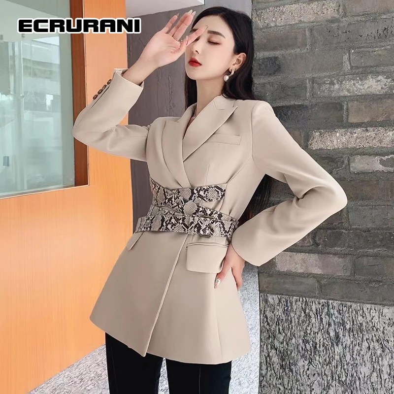 

ECRURANI Casual Patchwork Leopard Women's Blazer Notched Long Sleeve Slimming Vintage Coats For Females 2021 Autumn New Clothing