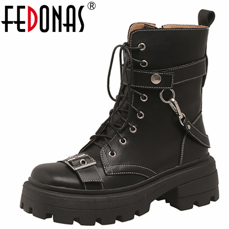 

FEDONAS Leisure Motorcycle Boots Autumn Winter Women Ankle Boots Genuine Leather Punk Popular Metal Decoration Shoes Woman 2022