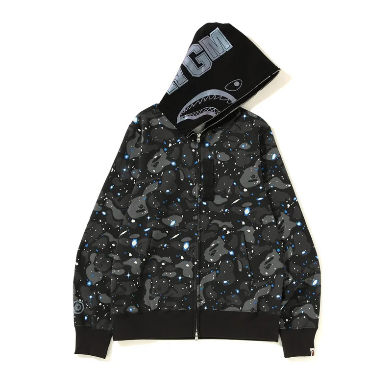 

Tide brand bape shark sweater night light star sky hooded zipper coat for men and women