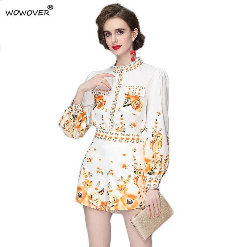 

Fashion Runway Two Piece Set Women Elegant Lantern Print Shirt and Shorts Suit Streetwear Office Lady Twinset