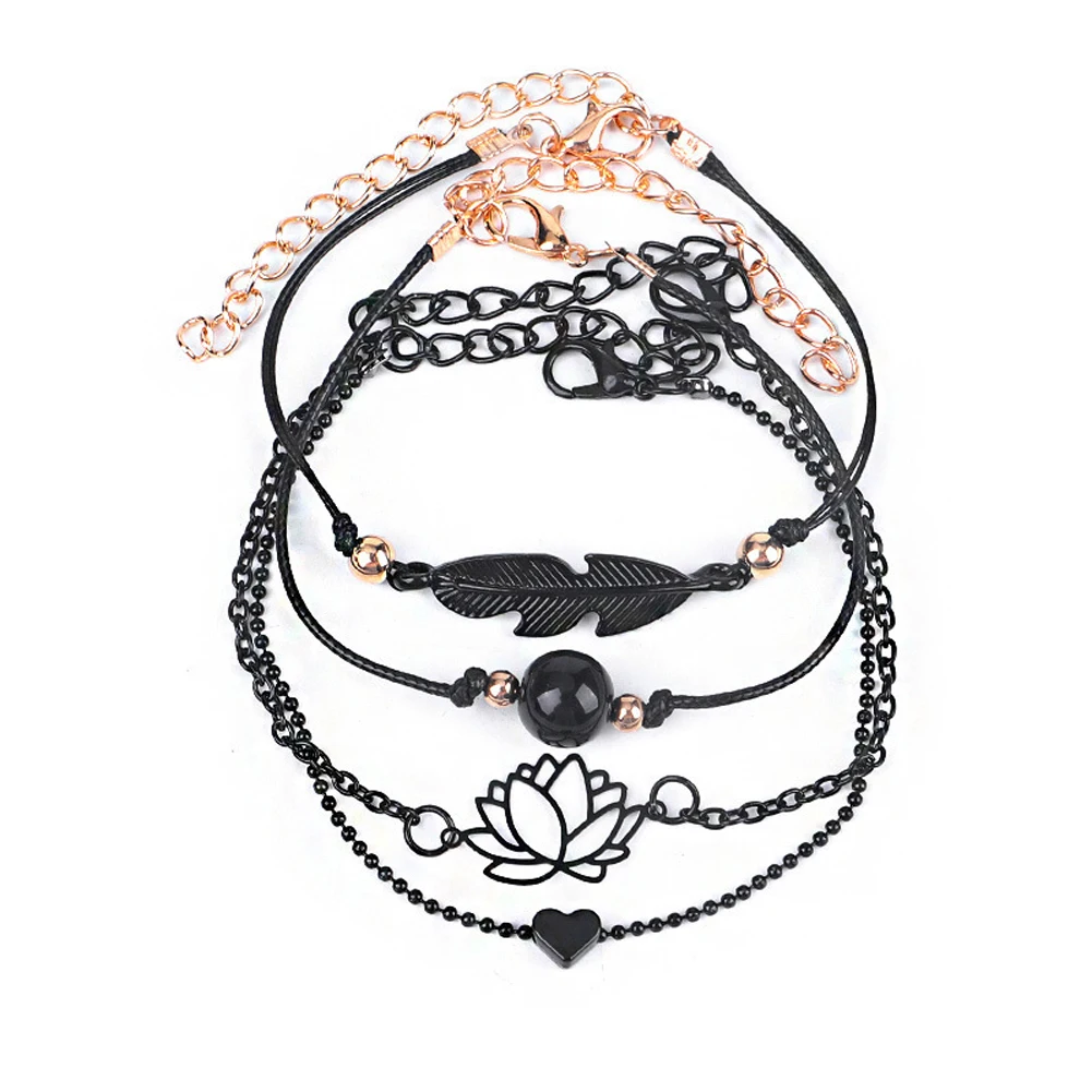 

4pcs/Set Fashion Bohemia Leaf Knot Hand Cuff Chain Charm Bracelet Black Love Heart Openwork Lotus Ball Leaves Bracelet