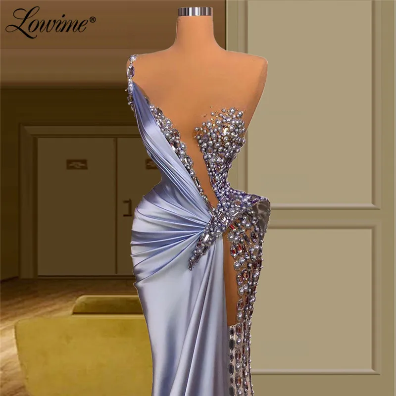 Lowime See Through Beaded Elegant Mermaid Evening Dresses Celebrity Dress Customized Illusion Dubai Long Party Prom Gowns 2021