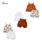 2020 летние каникулы 12M-5Y детская трикотажная одежда, Однотонная футболка на пуговицах, для девочек, платье-майка топ + цветочные шорты-шаровары одежда для малышей Одежда для детей в стиле Бохо комплект из 2 предметов