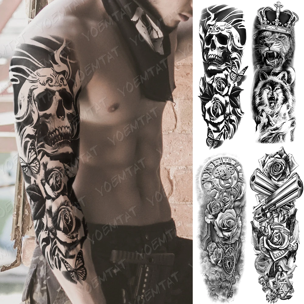 

Large Arm Sleeve Tattoo Clocks Rose Gun Lion Waterproof Temporary Tatto Sticker Flower Time Body Art Full Fake Tatoo Women Men