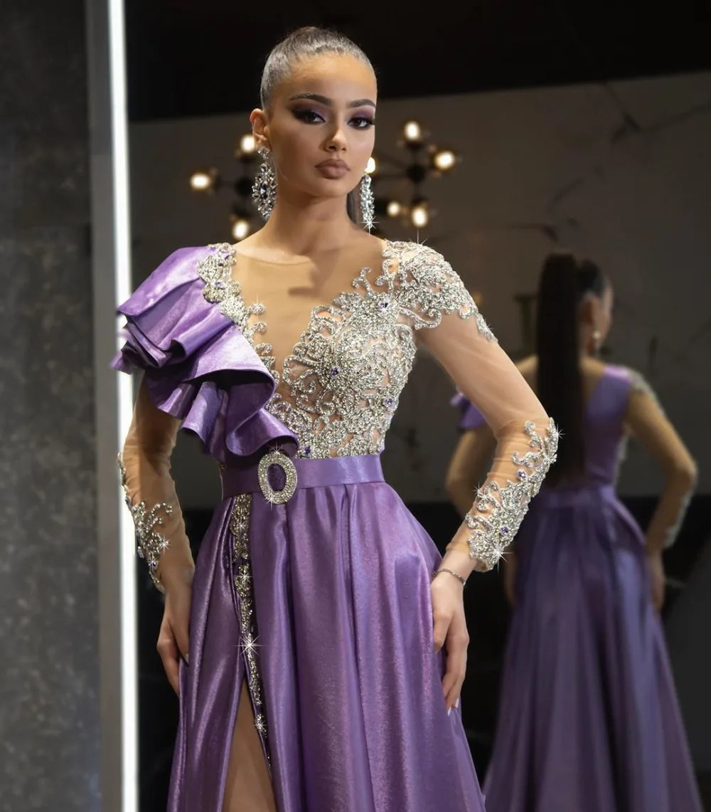 

Modest Purple Crystal lace Evening Dresses 2020 Sexy High Side Split Prom Gowns Full Sleeves Beaded Formal Dress Abendkleider