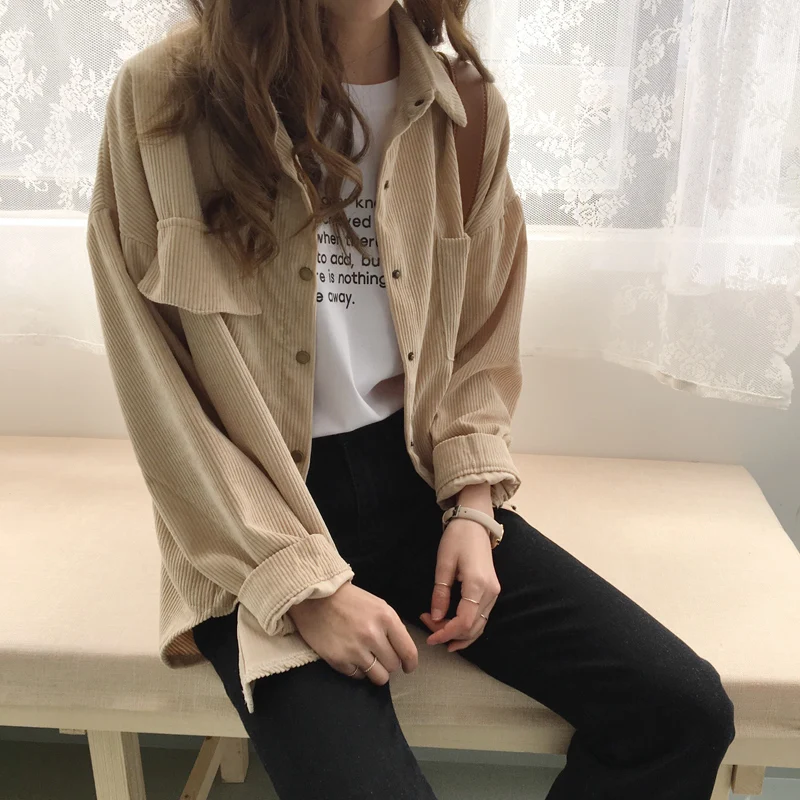 Женские вельветовые рубашки в стиле ретро свободные однотонные Блузы с отложным