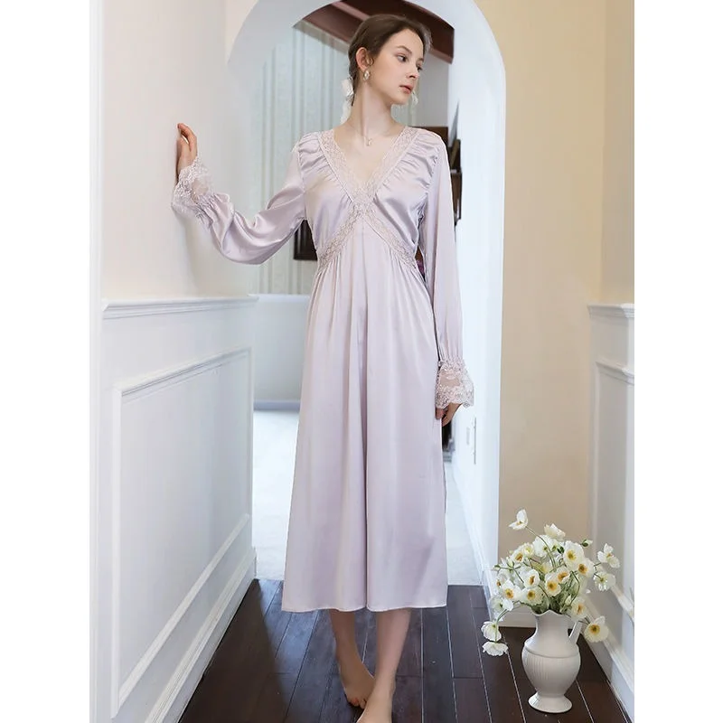 QWEEK Silk Elegant Long Nightgown Women Autumn Satin Luxury Sleepwear Lace Nightie Princess White Dress Nightdress Loungewear