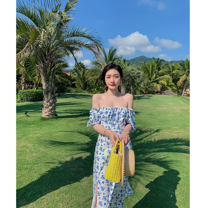 

Summer Women Beach Style Vintage Square Collar Print Bohemian Dress Casual Short Sleeve Split Holiday Dress Vestidos