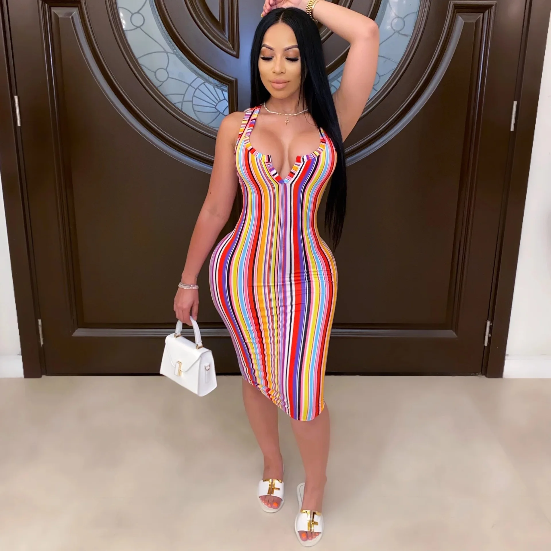 

Новая мода V образным вырезом в полоску Тонкий женское платье бодикон, облегающие мини пляжное платье для праздника вечерние Клубные платья...