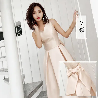 Champagne V Neck Вечерние женские платья в Корейском стиле с бантом, элегантные тонкие платья цвета шампанского без рукавов, летние сексуальные модные шикарные платья размера плюс 3XL, Vestido JD78 - Цвет: Champagne V Neck