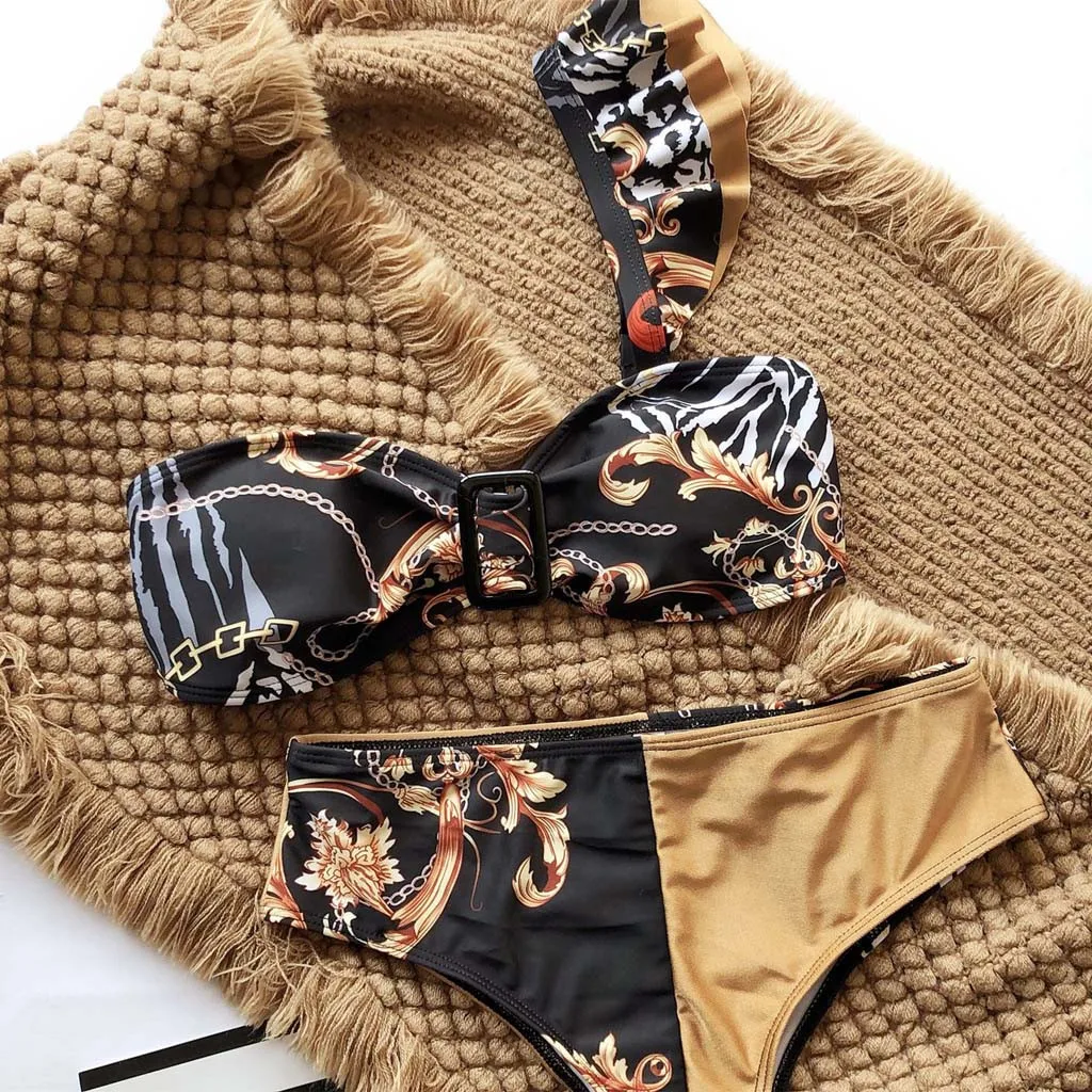 Сексуальный женский купальник из кусков с оборками и пряжкой бикини пуш ап