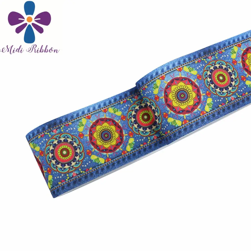 16mm-75mm Jeans Retro Flower Wave Printed Grosgrain/Foe Ribbon Denim Like DIY Hair Bowknots 50yards/roll | Дом и сад