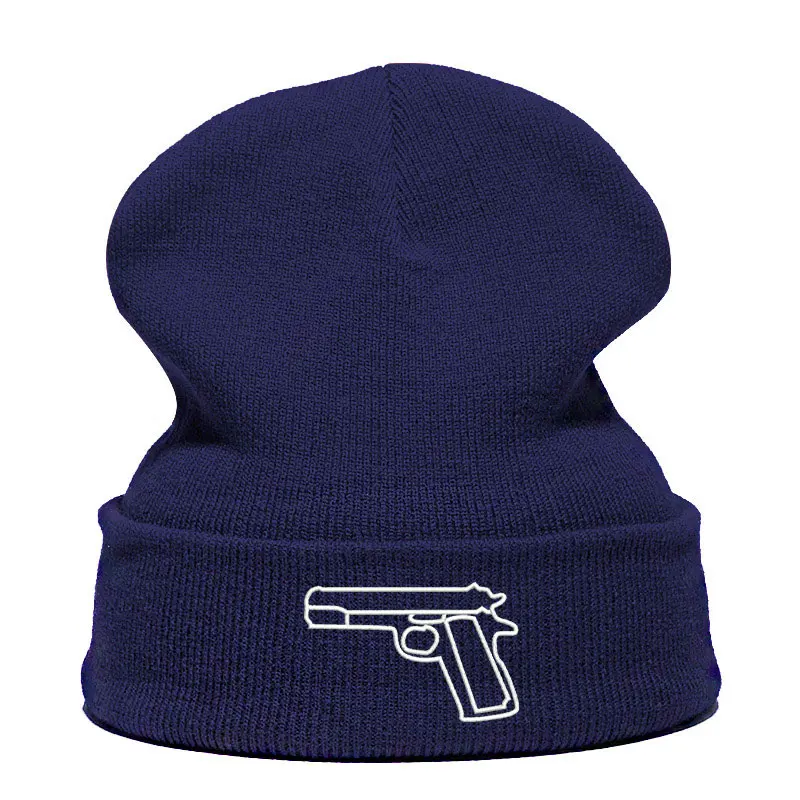 Beanie Hat Skullie Cap Slouchy Winter Embroidered Cool Punk Men Women Teen Street Dance Funny Hip-hop Warm Knitted Hats Gun
