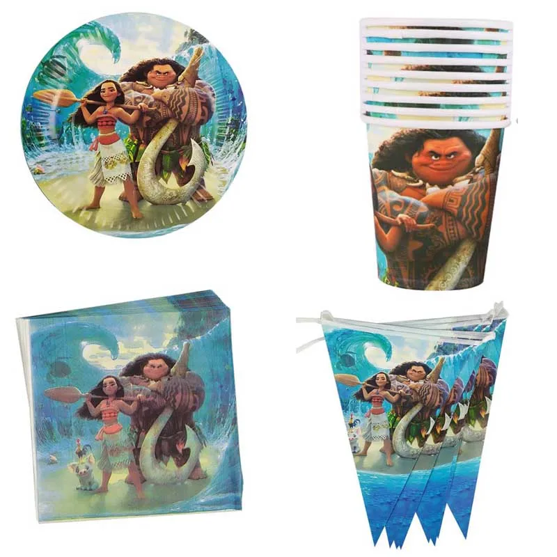 

Happy Birthday Events Party Moana Theme Napkins Girls Favors Plates Cups Banner Baby Shower Decorations Flags 80pcs/lot