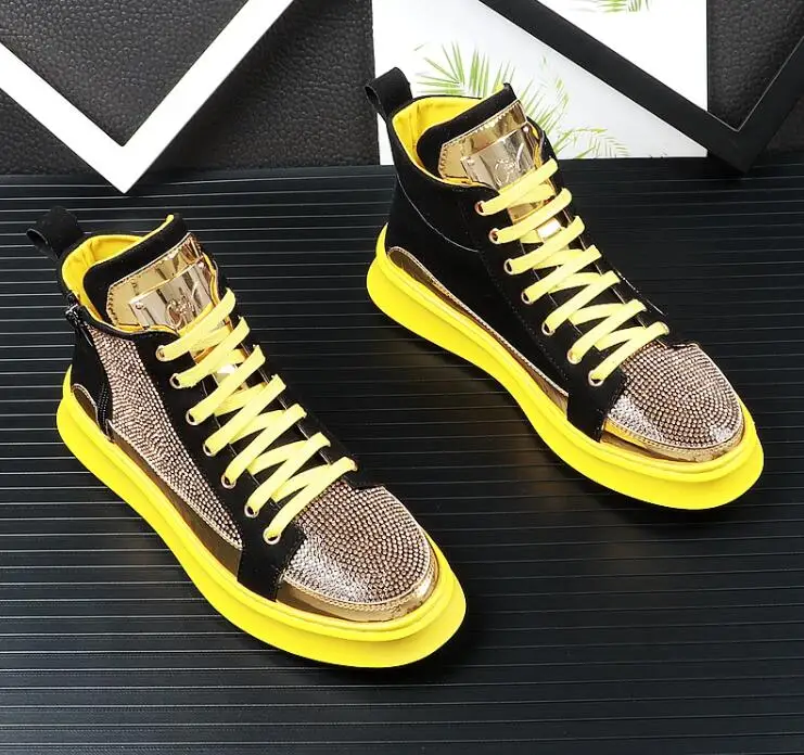 

New Men luxury rhinestone metal plate platform high tops Casual Flats Shoes Man Rock punk Loafers board Sneakers zapatos hombre