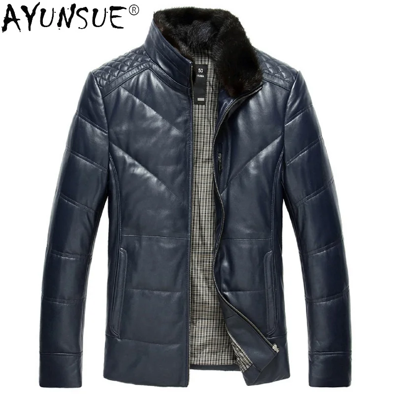 Куртка мужская из натуральной кожи пуховик с воротником меха норки и овчины