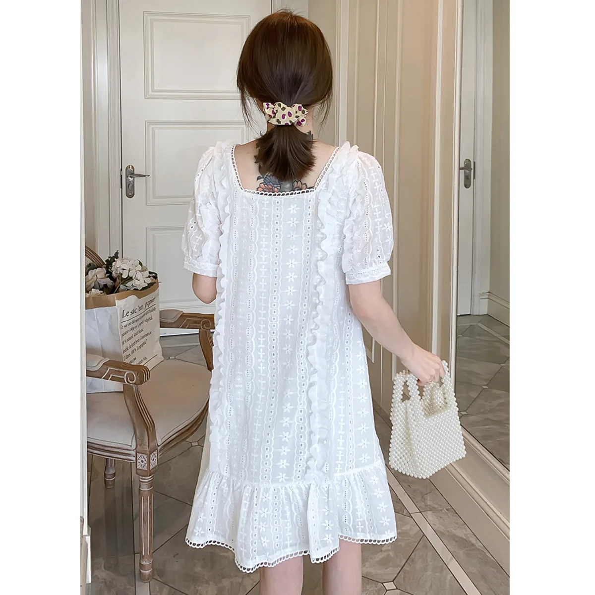 

Plus Size Square Collar Short Sleeve White Lace Party Dress 2020 New White Mini Large Size Loose Dress 4XL Vestidos Brancos