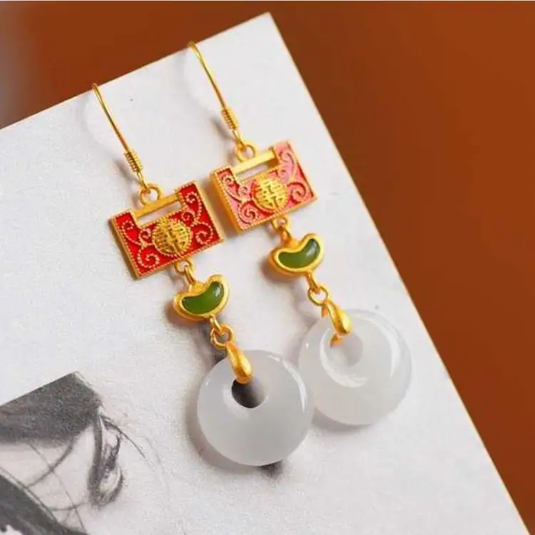 

HML& Hetian Lanzhi white jade geometric ingot Earrings Chinese style retro elegant light luxury charm women's silver jewelry