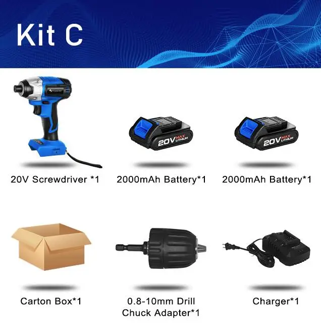 KIT C Электрическая отвертка PROSTORMER 20 в бесщеточная аккумуляторная отвертка Ударная дрель 300 нм сумка для инструментов перезаряжаемая дрель с переменной скоростью - Цвет: KIT C