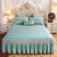 green lace embroidered thicken quilted bedding bedspread bed skirts fitted sheet pillowcases mattress cover home textile