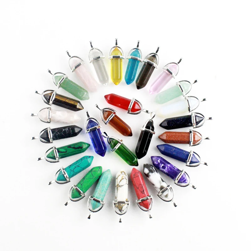 

30Pcs/Lot Bulk Natural Gem Stone Lapis Opal Crystal Hexagonal Pendulum Reiki Quartz Point Pendants For DIY Necklace Making
