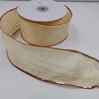 63mm x 25 yards wire gold lurex edge cream sheer organza ribbon with gold edge for birthday decoration gift wrapping 2 12