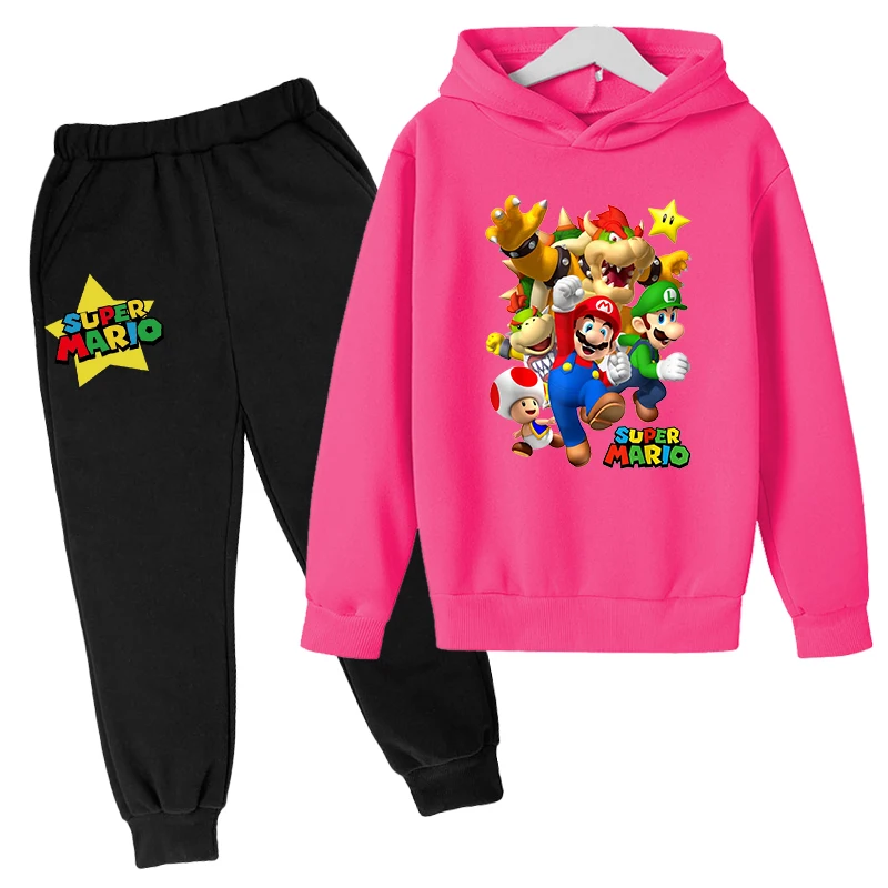 Sudadera con capucha y pantalones para ni&ntilde;os, Conjunto de sudadera de algod&oacute;n con dibujos animados, ropa de moda de dos piezas, abrigo para personas mayores, Super Mario 4T-14T, negro &middot; blanco-4
