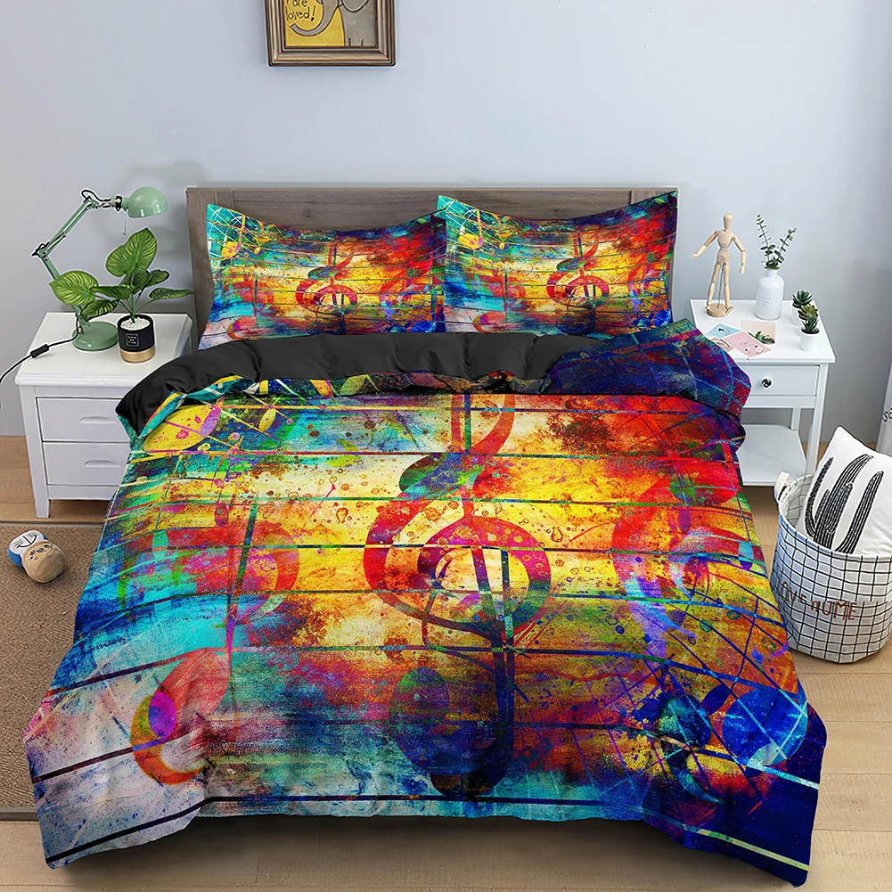 

3D Digital Musical Note Comforter Duvet Cover & Pillowcase Bedding Set Single/Double/Queen/King Full Size 2/3Pcs Red Heart Print