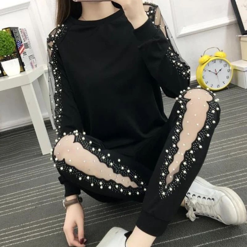 Женский комплект из двух предметов размера плюс весенний черный костюм с длинным