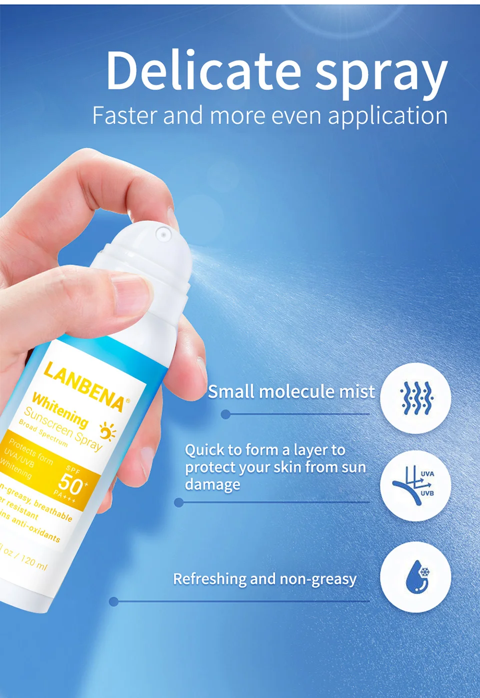 LANBENA 120 мл солнцезащитный крем SPF 50PA+++ Осветляющий Солнцезащитный спрей эффективно против излучения водостойкий
