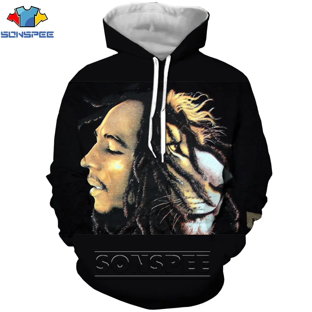 

SONSPEE Men's Women's Hoodie Reggae Fashion Bob Marley Casual Boy Guitar Street Hip Hop Hooded Long-sleeved shirt