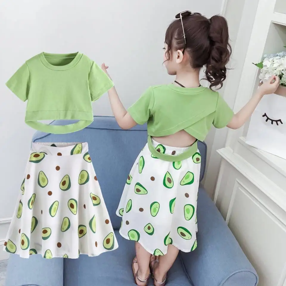 

New Summer Season Kids O-neck Collar Short Sleeve T-shirt+Skirt 2Pcs/Set Fashion Casual Girls Suit 3 4 6 8 1012Yrs Girl Wear