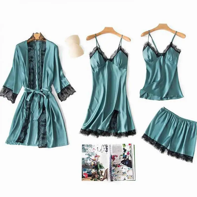 

4PCS Robe Set Women Kimono Bathrobe Gown Casual Satin Lingerie Loose Sleepwear Sexy Nightgown Soft Lace Trim Home Clothing