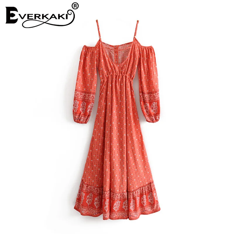 Everkaki Gypsy Floral Print Slip Dress Women Sashes Boho Adjustable Waist Off Shoulder Tassels Dresses Female Autumn New