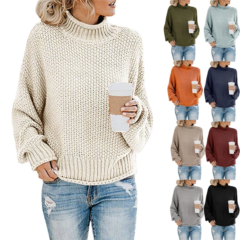 

Autumn winter thick line hedging knitting twist loose Lantern sleeve high collar sweater pullover long sleeve women sweaters
