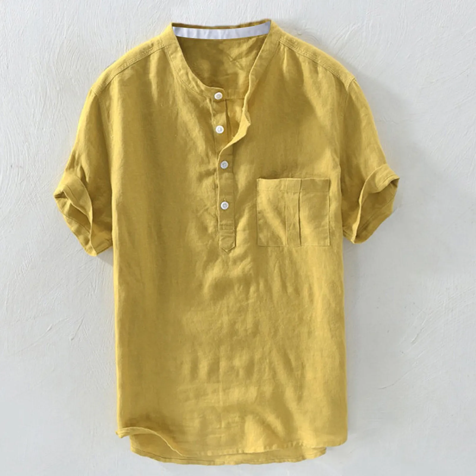Мужская хлопковая рубашка с воротником стойкой однотонная винтажная брендовая в