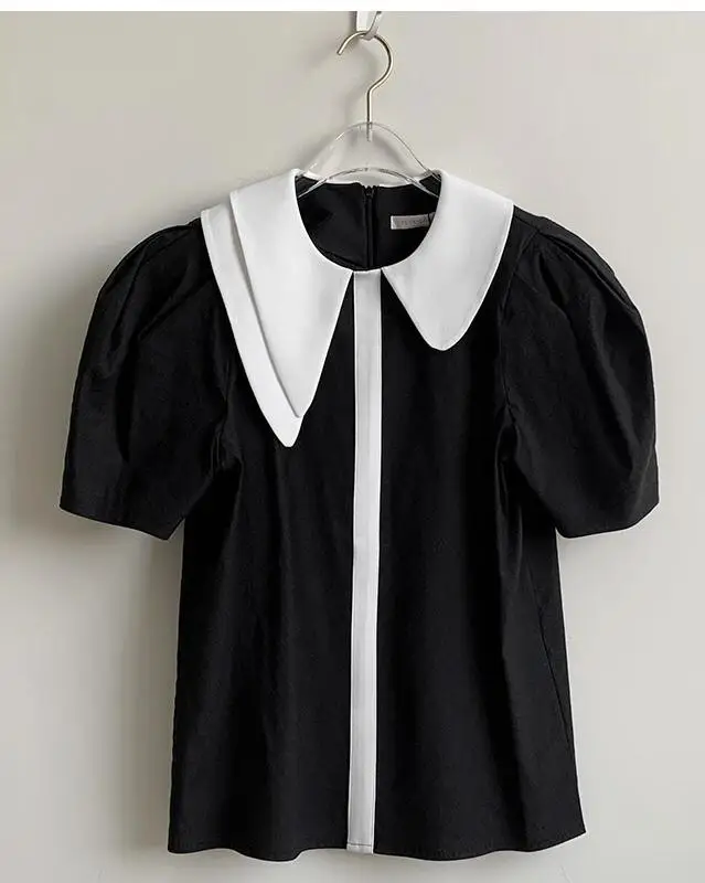 

Korean Style 2021 Women Summer Fashion Elegant Solid Short Sleeve Shirts Chic Casual Peter Pan Collar Office Lady Blouses