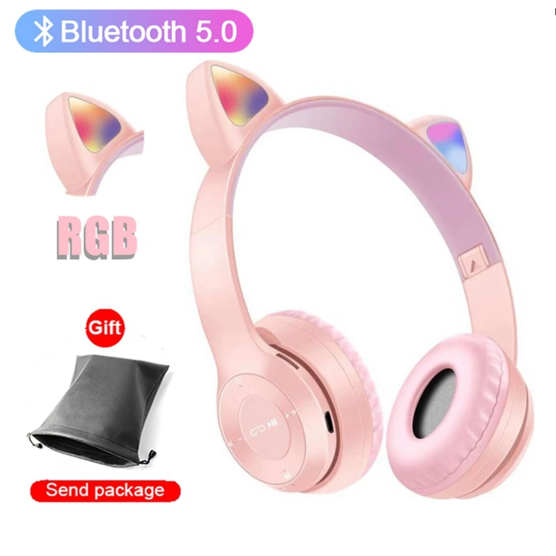 

RGB Cute Cat Ears Bluetooth 5.0 Wireless Headphone With Microphone Noise Cancelling Kid Girl Stereo Music casco Storage bag Gift