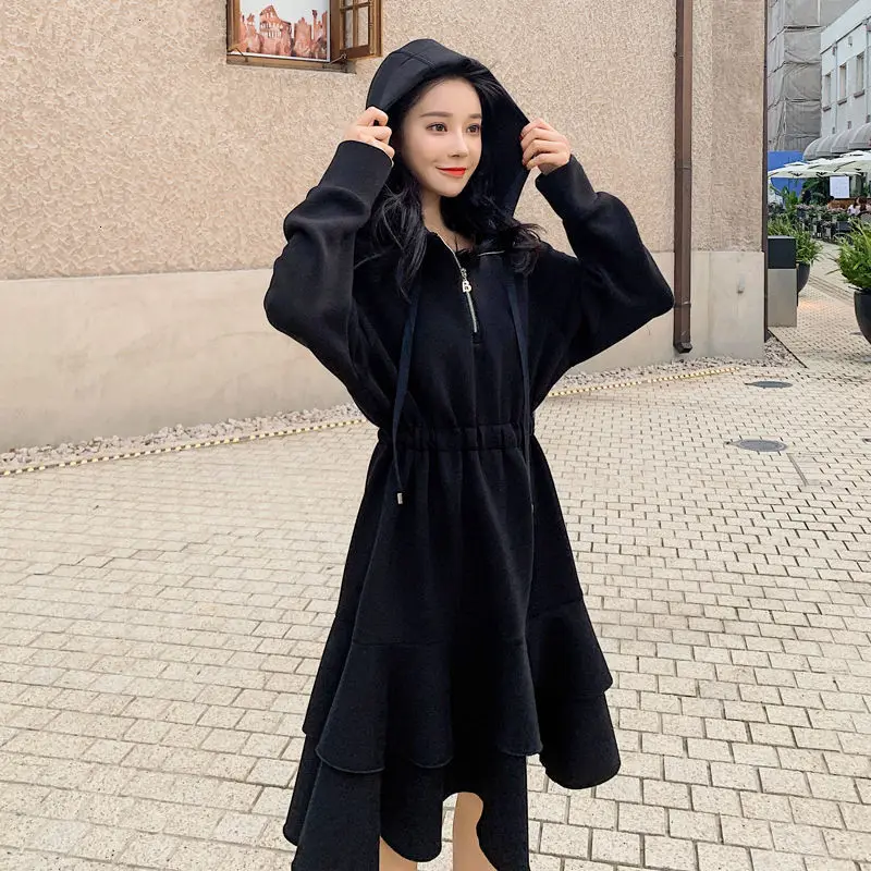 Vintage Long Sleeve Solid Zipper A-Line 2020 New Fashion Thickening Midi Skater Hem Loose Autumn Dress School Warm Hat Women | Женская