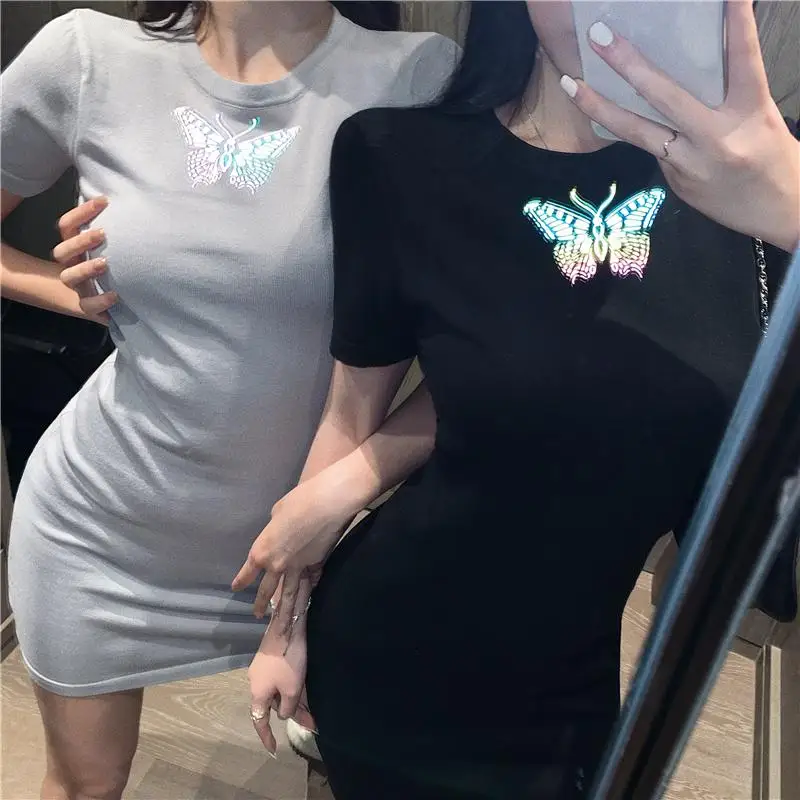 

Laser Printing Butterfly Reflective Dress Girls Fashion Summer Short Sleeve O -Neck Dresses