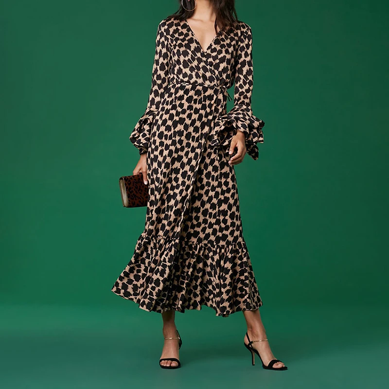 TWOTWINSTYLE элегантное леопардовое платье для женщин v образный вырез рукав фонарик