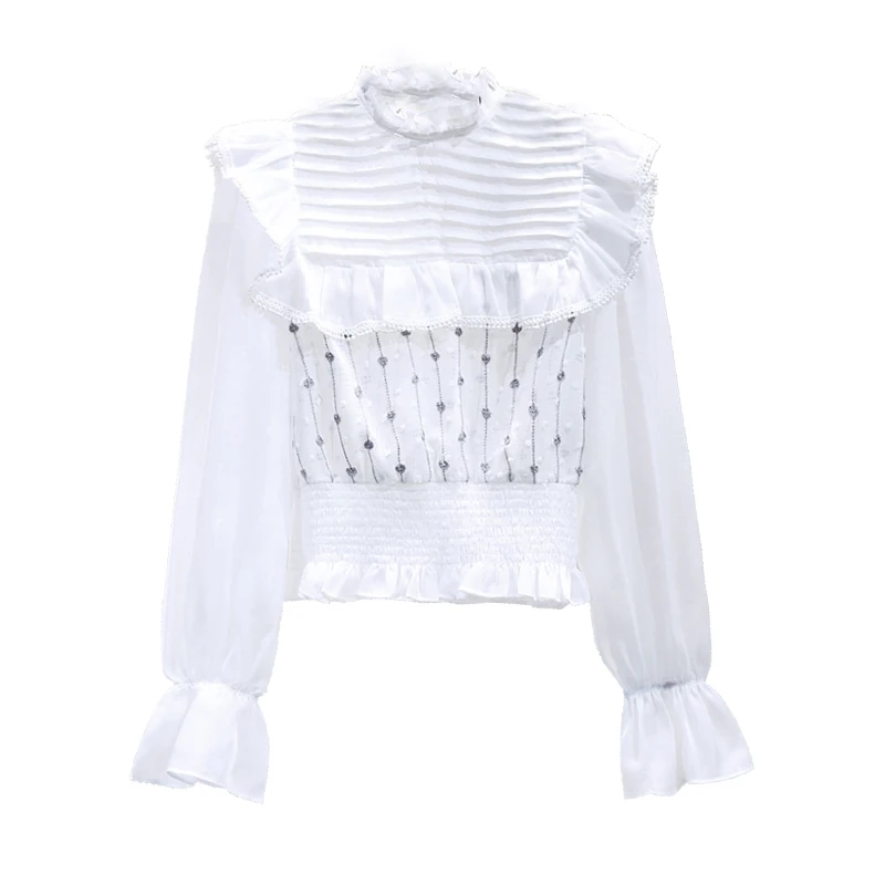 

2021 New Elegant White Shiffon Shirt Office Lady Tops Ruffled Collar Flare Sleeve Flower Edge Patched Wasit Nipped Women Blouse