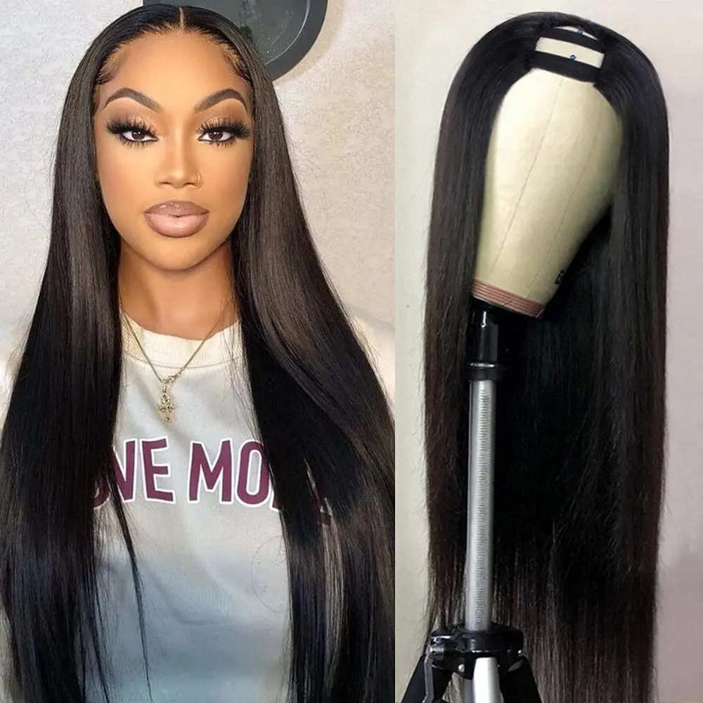 

FancyHair U Part Wigs Straight Brazilian Remy Human Hair Glueless 150% Density Natural Black with Straps Combs for Black Women