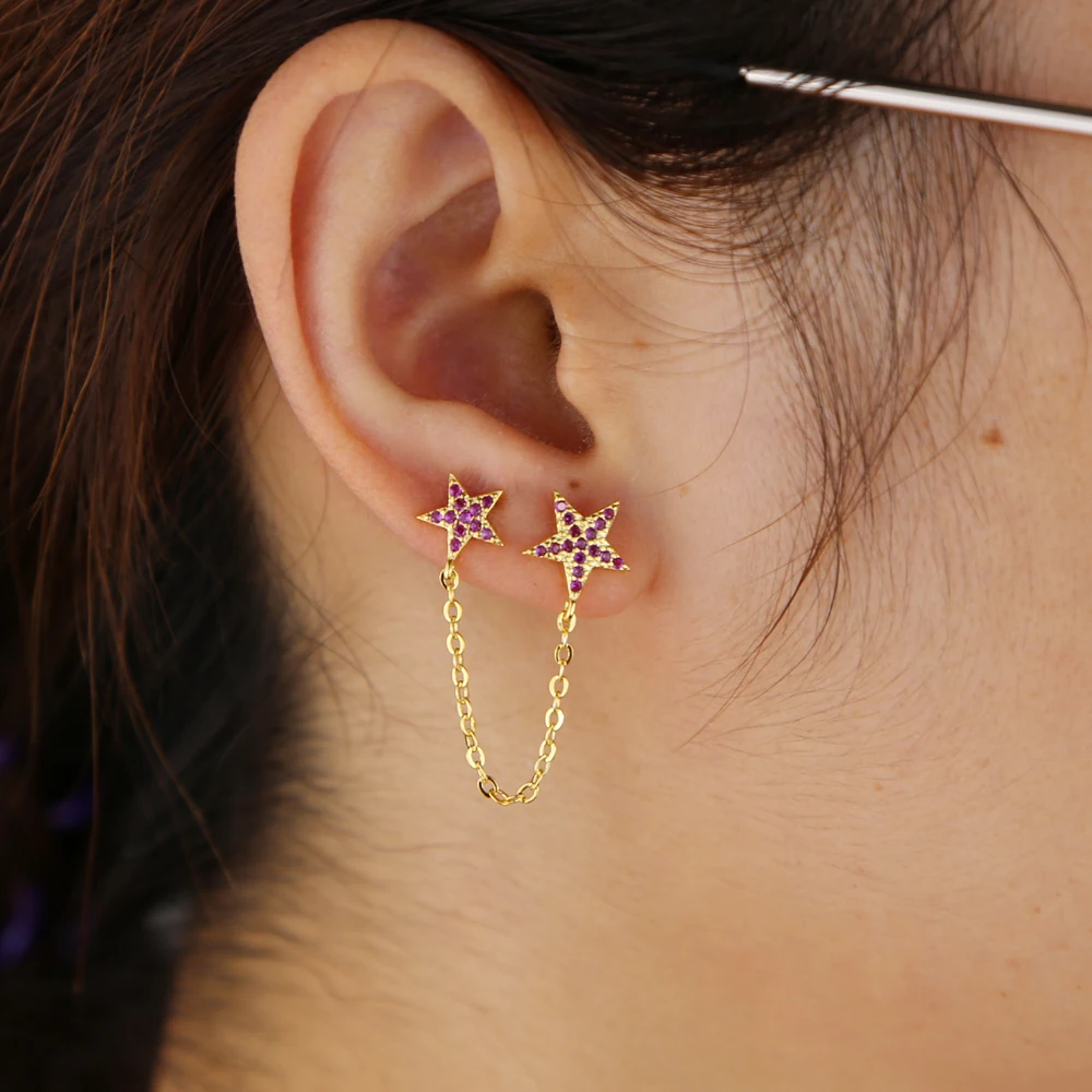 

Korean Fashion Star chain earring for women girls gold colot link chain paved red green blue white CZ starfish stud earring