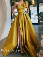 vintage gold arabic dubai prom dress one shoulder sleeveless train satin slit formal party gown ccustom made vestidos de fiesta