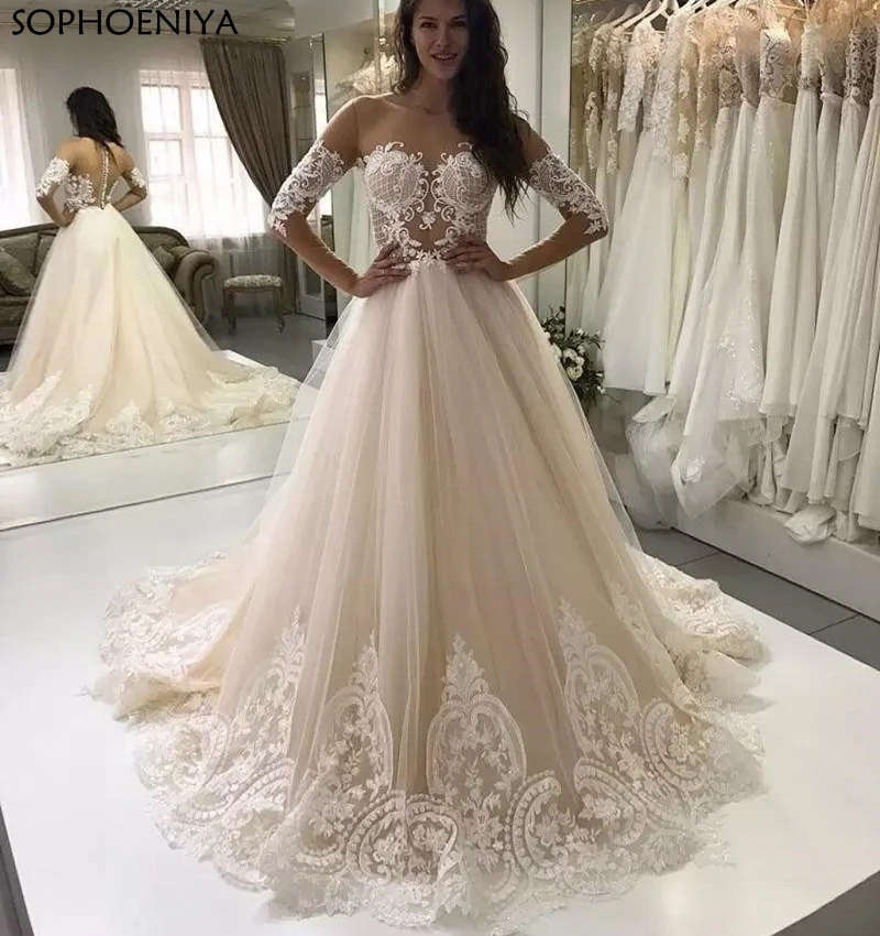 

Vestidos de Novia Lace A Line Wedding Dresses Long Sleeve Plus Size Backless Bridal Gowns Robe de Soire de Mariage