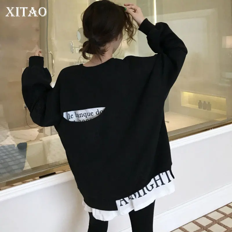 black WBB4475 XITAO Женский пуловер из двух частей с круглым вырезом, корейский Модный пуловер, Осенний лоскутный пуловер с принтом, новинка WBB4475 - Цвет: black WBB4475